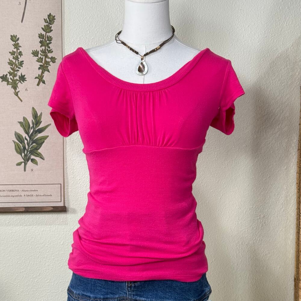 Y2k Bright Pink Short Sleeve Ribbed Stretch Babydoll Layering Top Preppy Bratz M